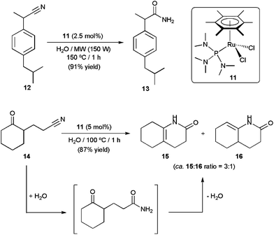 Catalytic synthesis of ibuprofenamide and ene-lactams using complex 11.