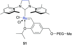 Ruthenium catalyst 51 tagged on the benzylidene moiety with hydrophilic PEG.59