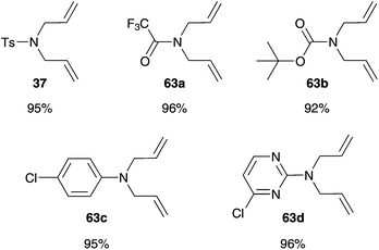 Conversion values of RCM of several N-substituted diallylamines 37 and 63 mediated by 2b at 45 °C after 2 h in water.75