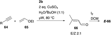 CM of alkyne derivatives 64 and enol-ether 65, followed by hydrolysis and isomerization reaction to form crotonaldehydes 66.80