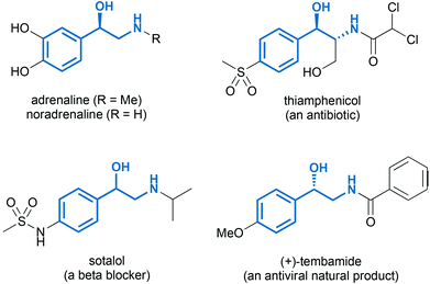 Examples of biologically active 1,2-amino alcohols (2-amino-1-aryl alcohol motif highlighted in bold).