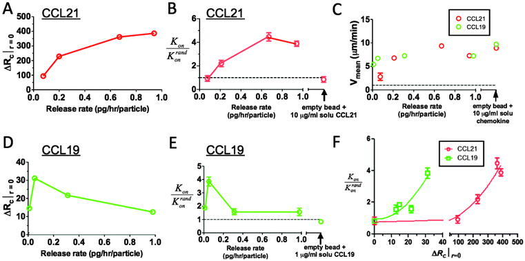 Receptor occupancy gradients predict human leukocyte chemotactic responses to CCL19 vs. CCL21 attractant gradients. CRMs (releasing CCL19 or CCL21 at the indicated rates) and human resting T-cells were embedded in 3D collagen gels (8 × 103 beads and 3 × 106 cells per cm3), and T-cell migration responses over 30 min were recorded by videomicroscopy. (A–E) Calculated maximum ΔRc at the surface of CRMs (A, D), hit rate (Kon/Krandon, B, E), and mean T-cell velocities as a function of chemokine release rates (C) for CRMs releasing CCL21 (A–C) or CCL19 (C–E). (F) Experimental hit rates vs. receptor occupancy gradient. Dashed lines in B, E denote hit rates expected for random migration; dashed line in C denotes background velocities of T-cells in the absence of chemokine. Experimental data are shown as mean ± SE.