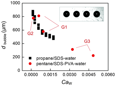 The average bubble diameters. The square dots represent the bubbles generated in G2 with propane as the gas phase, whose flow rates are varied between 30 μL min−1 and 300 μL min−1. The round dots are the average diameters of n-pentane bubbles in different generators. The flow rates of n-pentane (liquid state) are varied from 0.33 μL min−1 to 5 μL min−1.