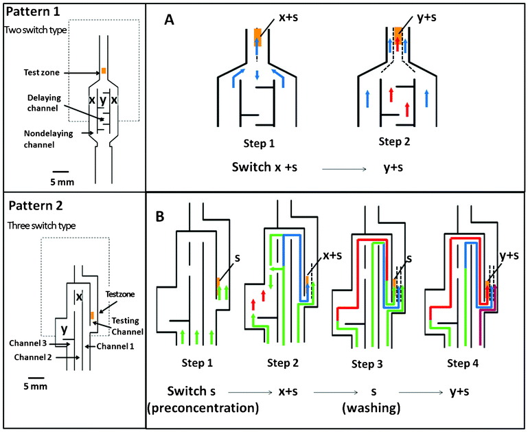 Schematic illustration of the automated paper-based device with 2 different designs: (A) pattern 1 and (B) pattern 2, and the switching of flow pattern. The green arrow represents the flow of sample (s); the blue arrow represents the flow of sample containing enzyme-Ab2 (x); the red arrow represents the flow of sample containing substrate (y).