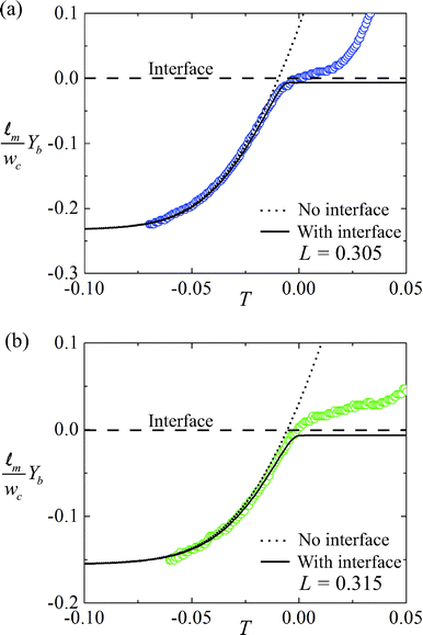 The approach of paramagnetic spheres towards the fluid-fluid interface for cases where (a) L = 0.305 and (b) L = 0.315. Circles represent experimental data. The dotted line represents numerical results of particle trajectory without considering the fluid-fluid interface. The solid lines are the trajectory model taking into account the two-fluid interface. The experimental values agree well with the theory. Deviations are observed very close to the fluid-fluid interface as expected since the model assumes an undeformed interface, while in reality the spheres deform and pass through the interface. The trajectories are used to calibrate for χ, the magnetic susceptibility of the 2.5 μm radius beads, and we find χ ≈ 8 × 10−3.