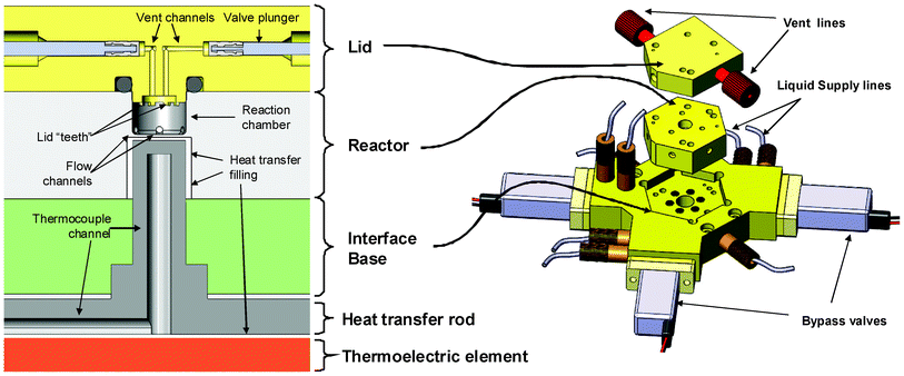 Main parts of the reactor assembly. Left: schematic cross-section of the reactor cavity, lid and heater. Right: 3D rendering of the same parts.