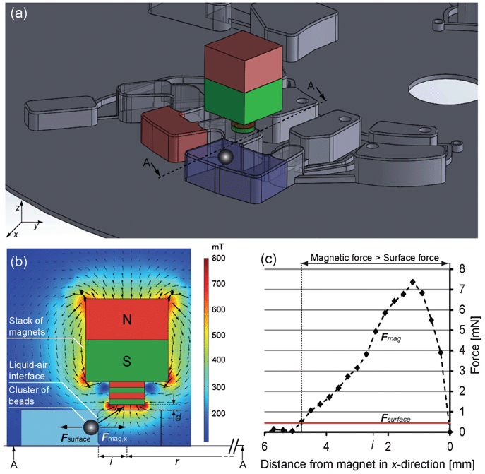 Forces acting on the magnetic beads. (a) Scheme of microfluidic structure with liquid phase in chamber 1 (blue) and a second liquid phase in chamber 2 (red). The cluster of magnetic beads is attracted in the x direction. Cross-section A–A is magnified in (b) showing the opposing forces acting on the beads. The magnetic field was calculated using COMSOL. (c) Magnetic force in the x direction (calculated using eqn (3) and values from Table 1) versus opposing surface force (calculated with eqn (4) and values from Table 1). For radial distances between liquid–gas interface and magnet ≲5 mm, the magnetic force overcomes the surface force and the beads are attracted over the interface. For the experiments, the distance was set to i = 2.5 mm.