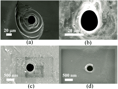 (a) Through-pore fabricated using DI water as the UV-absorbing liquid. (b) Result when using acetone instead of water. (c) Sub-micron pore, fabricated with acetone. (d) Sub-micron pore, fabricated with acetone, highlighting the smoothness of the pore.