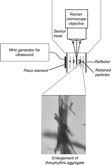 Sketch at the top shows Raman microscope with light path into cuvette resonator. The picture at the bottom shows the theophylline crystals agglomerated by the ultrasonic field. The figure is taken from ref. 31.