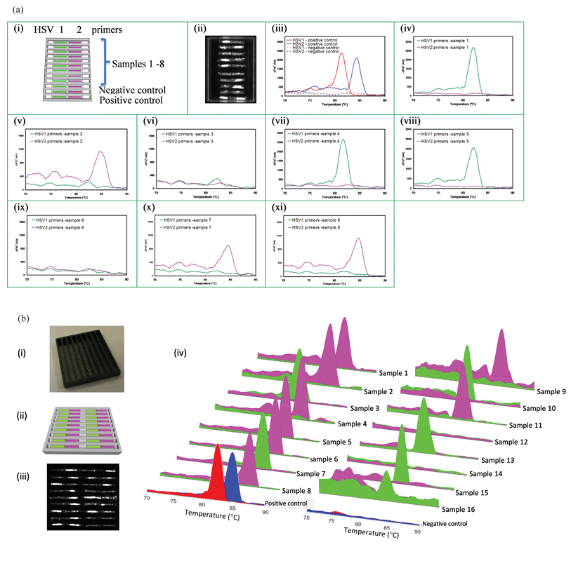 Testing multiple samples in wax or polymer cassettes. (a) Simultaneous detection of STIs in samples from 8 different patient samples on the same wax cassette: (i) capillary layout. The first 8 trenches detect 8 samples while 9th trench is a negative control and the 10th trench is the positive control. (ii) CCD image at 30th cycle of PCR, MCA profiles: (iii) positive and negative controls, (iv) sample 1 (HSV-1), (v) sample 2 (HSV-2), (vi) sample 3 (Negative), and (vii) sample 4 (HSV-1), (viii) sample 5 (HSV-1), (ix) sample 6 (Negative), (x) sample 7 (HSV-2), and (xi) sample 8 ((HSV-2). (b) Simultaneous testing for STIs of 16 patient samples using a polymer cassette: (i) photograph of the polymer pan with trenches, (ii) capillary layout. The first 8 trenches accept 16 different samples while the 9th trench contains positive and negative controls, Green and magenta represent the capillaries containing HSV-1 and HSV-2 primers respectively. (iii) CCD image at 35th cycle of PCR, and (iv) MCA curves for all 16 samples and positive and negative controls (HSV-1 and HSV-2 are red and blue respectively). All 16 samples were accurately identified including two negative samples (#12, #14).