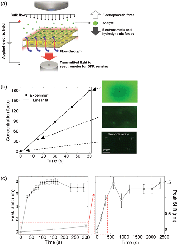 Optofluidic concentration. (a) Schematic of the concept. A through nanohole array in a metallic film embedded in a buffer induces a non-homogenous strength distribution of an externally applied electric field. Larger charged analytes respond to the locally increased field and concentrate. A pressure bias brings an enriched plug of analyte into the nanoholes for sensing; (b) optofluidic concentration of fluorescein over time from one nanohole array (top left from inset). The fluorescence images (right) show the changes in fluorescence intensity during the concentration process (50 V and 4 kPa applied); (c) resonance peak-shift monitoring of BSA binding to DSU under both active concentration (left; 50 V, 4 kPa) and control conditions (right; no applied field). With the applied field, the peak-shift reached a plateau after ∼120 s. The control experiment shows a slower binding rate without reaching saturation within the time range in this figure.44 Adapted with permission from C. Escobedo, A. G. Brolo, R. Gordon and D. Sinton, Nano Letters, 2012, 12, 1592–1596. Copyright 2012 American Chemical Society.