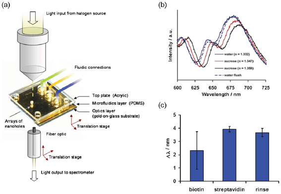 (a) Schematic of the on-chip nanohole array platform, detection scheme and fluidic access ports used by De Leebeeck et al.; (b) transmission spectra from the integrated platform in response to solutions with different indices of refraction; (c) relative spectral peak shift obtained from the sequential addition of biotin, streptavidin and PBS (rinsing).38 Adapted with permission from A. De Leebeeck, L. K. S. Kumar, V. de Lange, D. Sinton, R. Gordon and A. G. Brolo, Analytical Chemistry, 2007, 79, 4094–4100. Copyright 2007 American Chemical Society.