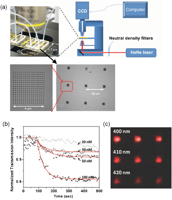 (a) Schematic of the experimental setup; picture of the integrated on-chip nanohole array platform; and SEM images of the nanohole array arrangement contained within the platform reported by Lesuffleur et al.41 Adapted with permission from A. Lesuffleur, H. Im, N. C. Lindquist, K. S. Lim and S. H. Oh, Optics Express, 2008, 16, 219–224. Copyright 2008 Optical Society of America; (b) real-time kinetics monitoring of streptavidin–biotin binding for different concentrations of streptavidin; (c) CCD image of the transmitted light from an array of 9 nanohole arrays illuminated with a HeNe laser.125 Adapted with permission from H. Im, A. Lesuffleur, N. C. Lindquist and S.-H. Oh, Analytical Chemistry, 2009, 81, 2854–2859. Copyright 2009 American Chemical Society.