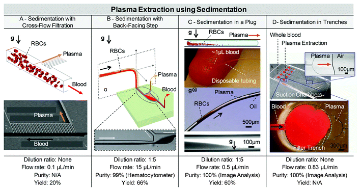 Plasma extraction using sedimentation. (A) Sedimentation and filtration, with 20% plasma collected in upper branch channels. Adapted from ref. 128. (B) Sedimentation is advantageously exploited with a back-facing-step, for 4 h of continuous blood perfusion at 15 μL min−1. Adapted with permission from ref. 129. Copyright 2012 American Chemical Society. (C) Sedimentation in a blood droplet blocked by oil plugs, with plasma extraction combined with cholesterol colorimetric assay. Adapted with permission from ref. 56. (D) Sedimentation of red cells in trenches for capillary extraction of plasma, combined with ELISA assay to measure biotin levels. Adapted with permission from ref. 127.