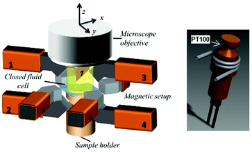 Left: Schematic of the eight pole electromagnetic setup. Right: Heating/cooling sample holder, heated by a 20 W incandescent light bulb inside (not visible; only the connecting pins can be seen) and cooled by circulating coolant pumped through the wound tube. The temperature is monitored by a Pt100 thermosensor attached 3 mm below the top plane and regulated by an external temperature control unit.
