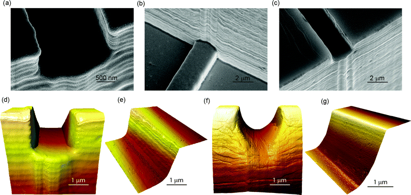 (a–c) SEM micrographs of the patching orifice after the main three steps of the fabrication process for type A devices: silicon master, nickel insert, and replicated polymer part (from left to right). (d) 3D AFM image of the patching orifice (type A). (e) 3D AFM image of the sidewall of the patching capillary (type A). (f) 3D AFM image of the semicircular patching orifice (type B). (g) 3D AFM image of the sidewall of the semicircular patching capillary (type B).