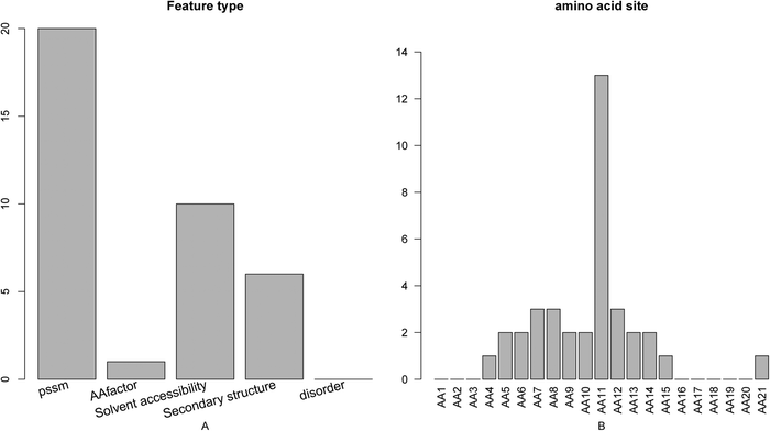 Bar plots showing (A) the feature distribution for the 37 optimal features, and (B) the corresponding site distribution. It can be seen from panel A that of the 37 optimal features, 20 belong to the PSSM conservation score, 1 to the amino acid factor, 6 to the secondary structure, 10 to the solvent accessibility, and none to the disorder. It can be seen from panel B that site 11 played the most important role in the determination of active site.