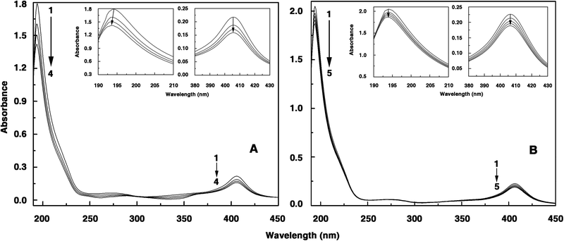 Representative absorption spectra of hemoglobin in the presence and absence of alkaloids. (A) Hemoglobin (1.21 μM) treated with 0, 6.11, 12.20, 18.26 μM (curves 1–4) of berberine. (B) Hemoglobin (1.30 μM) treated with 0, 0.21, 0.42, 0.63, 0.84 μM (curves 1–5) of coralyne. Inset: 195 nm and 405 nm bands are highlighted in each case.