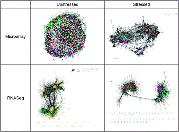 Visualization of co-expression networks before and after exposure to peroxide stress (0.5 mM), showing the re-structuring of the network into more distinct modules. Nodes represent genes while the links between them represent a high level of co-regulation (that is, a high correlation in gene expression across genetic variants). The visualizations were generated using force directed layout in cytoscape and nodes are colour coded according to GO category. Yellow nodes in the RNA-seq unstressed network are either non-coding RNAs or neighbours of a non-coding RNA.