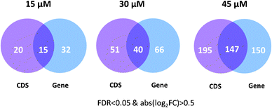 Differentially expressed genes detected at the CDS level and the gene level in HNE-treated RKO cells.