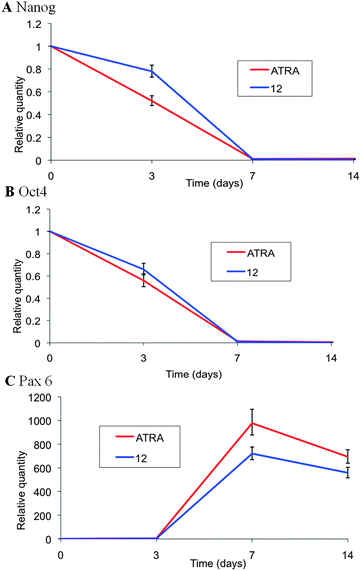 RT-PCR analysis of the induction of TERA2.cl.SP12 cell differentiation in response to retinoids. Genes associated with pluripotency (Nanog and Oct 4, A and B respectively) and motor and ventral neural phenotype (Pax 6, C) were differentially regulated during the 14 day culture period in response to 10 μM ATRA and 12 (AH61). Both ATRA and 12 (AH61) resulted in a rapid decrease in expression of the pluripotency genes and reciprocal increase in the motor and ventral neural gene after 14 days. Data represent mean ± SEM, n = 3.