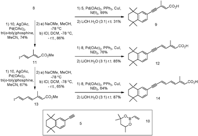 Synthesis of synthetic retinoids 9, 12 (AH61) and 14 starting with iodide 8 and acetylene 5.