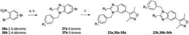 Regioselective synthesis of benzimidazoles. Reagents and conditions: (a) R1PhCH2NH2, Na2CO3, EtOH, reflux 18–75%; (b) Fe, HCO2H or (MeO)3CMe, 33–76%; (c) 3,5-dimethylisoxazolylboronic acid, Pd(PPh3)4, Na2CO3, 1,4-dioxane, reflux, 22–43%.