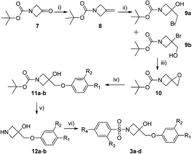 Synthesis of hydroxyazetidines 3a–d. Reagents and conditions: (i) Ph3PCH2Br, KOt-Bu, Et2O, RT, 61%; (ii) NBS, DMSO/H2O, RT, 0–25 °C, 83%; (iii) NaH, THF, 0–25 °C, 62%; (iv) (R1)(R2)Ar–OH, Cs2CO3, IPA/DMSO/H20, 80 °C, 55–71%; (v) TFA, DCM, 25 °C, 85–97%; (vi) (R1)(R2)SO2Cl, NEt3, DCM, 0–25 °C, 16–90%.