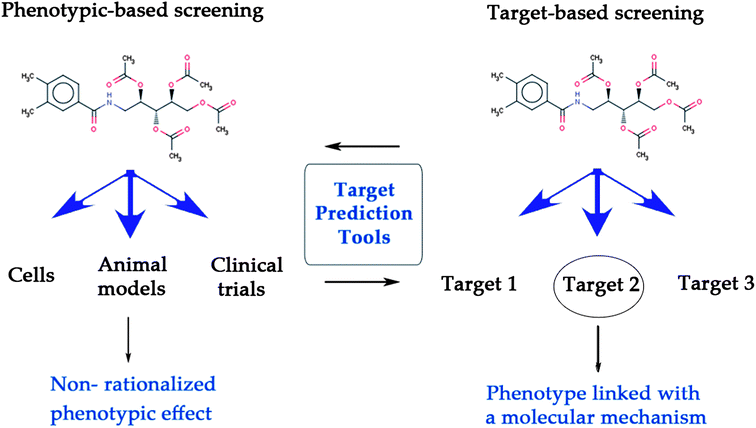 Target prediction tools bridge the gap between target-based and phenotypic screening, leading to the linkage of a phenotype with its underlying mode-of-action. While phenotypic screening can assess the efficacy of compounds at a physiological level (left), target-based screening determines whether a compound interacts with a target or not (right).