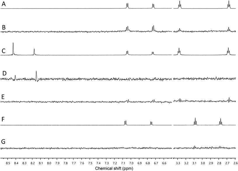 Assessment of binding using saturation transfer differential (STD) experiments (A) 1H spectrum of 50 and HK853, (B) 1H STD-NMR spectrum of 50 and HK853, (C) 1H NMR spectrum of 50, ADP and HK853, (D) 1H STD-NMR spectrum of 50, ADP and HK853, (E) 1H STD-NMR spectrum of 50 and mutated (D411A) HK853, (F) 1H spectrum of tyramine and HK853 and (G) 1H STD-NMR spectrum of tyramine and HK853.