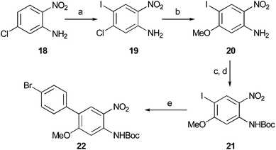 
          Reagents and conditions: (a) ICl, NaOAc, AcOH, 80 °C, 92%; (b) MeOH, KOH, DMSO, 60 °C, 94%; (c) Boc2O (2.2 eq.), Et3N, DMAP (0.2 eq.), CH2Cl2, 96%; (d) TFA, CH2Cl2, 100%; (e) 4-I-PhB(OH)2, (Ph3P)4Pd (2 mol%), K2CO3, DMF–H2O, 66%.