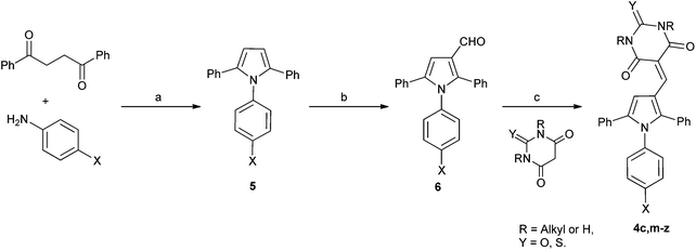Synthesis of substituted triarylpyrroles 4a–z. Reagents and conditions: (a) TFA, TFE, MW, 150 °C, 20 min; (b) POCl3 DMF, 0–70 °C, MW, 1 h; (c) EtOH, rt, 12 h, or AcOH, 120 °C, 2 h.