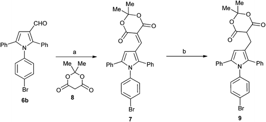 Synthesis of substituted triarylpyrroles 7 and 7. Reagents and conditions: (a) toluene, piperidine, acetic acid, Δ; (b) NaBH4, EtOH.