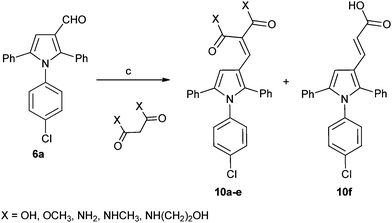 Synthesis of substituted triarylpyrroles 10a–f. Reagents and conditions: (a) toluene, piperidine, acetic acid, Δ.