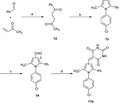 Synthesis of substituted diarylpyrrole 11a. Reagents and conditions: (a) 3-benzyl-5-(2-hydroxyethyl)-4-methylthiazolium chloride, NEt3, RT; (b) TFA, TFE, MW, 150 °C, 20 min; (c) POCl3, DMF, 0–70 °C MW, 1 h; (d) barbituric acid, AcOH, 120 °C.