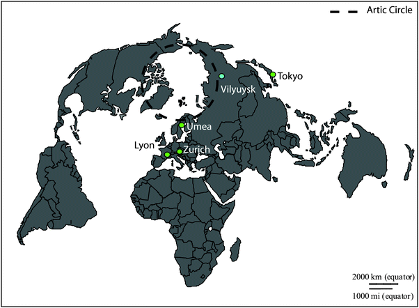 Locations of the blood donor populations. Blue circle: this study (Vilyuysk, Sakha Republic, Russian Federation). Green circles: previous studies (Lyon, France; Tokyo, Japan; Umea, Sweden; Zurich, Switzerland). Blank map from Daniel Dalet (histgeo.ac-aix-marseille.fr). See text for references.