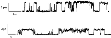 Planar bilayer conductance traces for compound 2. (a, top) [2] = 2 μM in both buffer solutions, applied potential = 50 mV. (b) [2] = 3 μM in both buffer solutions, applied potential = 70 mV.