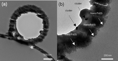 (a–b) TEM of 70 nm-thickness thin sections of the Pd0@[Bmim]NTf2@g-imidazole-Si(HIPE).
