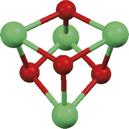 Structure of a cubane cluster core. Green balls identify Ln ions and red balls identify O atoms of the corresponding μ3-OH− ligands.