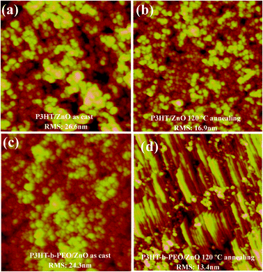 AFM images of P3HT/ZnO blend films (a) as-prepared, (b) annealed at 120 °C for 10 min and P3HT-b-PEO/ZnO blend films (c) as-prepared, (d) annealed at 120 °C for 10 min. The scanning range is 2 μm × 2 μm.