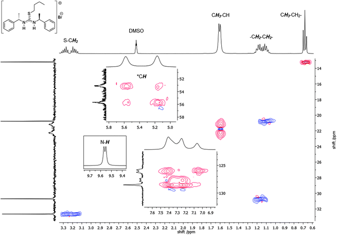 The 1H–13C HSQC spectrum (400 and 101 MHz) of [2a]Br (in DMSO-d6 at 20 °C). Red signals indicate CH and CH3 groups; blue signals indicate CH2 groups.