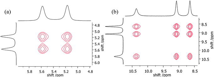 Chosen fragments of the NOESY spectrum for (a) [2a]Br and its *CH region; and (b) [2c]Br and its NH region. The experiments were performed in (a) DMSO-d6 and in (b) CDCl3 using 1H–1H NMR correlation (400 MHz) at 20 °C.