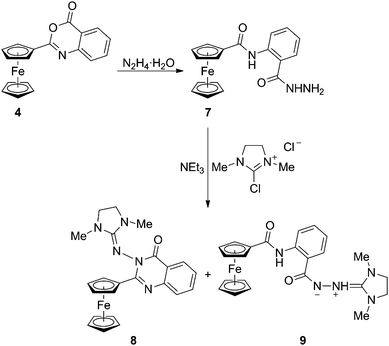 Opening of benzoxazinone 4 with hydrazine and the reaction of the resulting amido-hydrazide 7 with 2-chloro-1,3-dimethylimidazolidinium chloride.