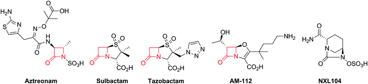 Structures of aztreonam and some β-lactamase inhibitors. Note that some of the inhibitors (e.g. sulbactam, tazobactam and AM-112) also show antibacterial activity. Clavulanic acid (Fig. 6), sulbactam688 and tazobactam689 are used clinically in combination with β-lactam antibiotics to protect the latter against the effects of β-lactamases. AM-11259 and NXL104 (Avibactam)60–62 are examples of broad spectrum serine β-lactamase inhibitors.