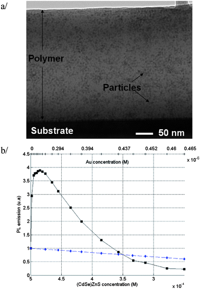 (a) TEM cross-section of the PMMA70-co-MA30 co-polymer thin film doped with (CdSe)ZnS NCs. (b) Photoluminescence intensity of the functionalised polymer versus different (CdSe)ZnS NCs and gold Au NP concentrations (curve with solid black squares). The curve with solid blue diamonds presents the PL intensity of (CdSe)Zn diluted in PMMA70-co-MA30 co-polymer for a concentration from 5 × 10−4 to 2.5 × 10−4 M without Au NPs.