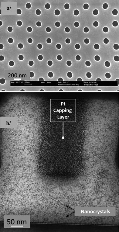 (a) SEM micrograph of the nanoimprinted photonic crystal (top-view), (b) TEM cross-section of the nanoimprinted photonic crystals showing the homogenous NC dispersion in the nanoimprinted nanocomposite polymer (no Au NPs were incorporated).