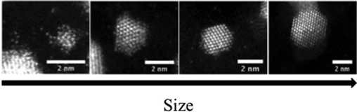 Structural evolution with size of AuPd nanoparticles deposited via physical vapor deposition on amorphous carbon substrate and annealed at 473 K for 2 hours. Various morphologies of AuPd nanoparticles can be observed as size increases, from alloy to Janus structures.