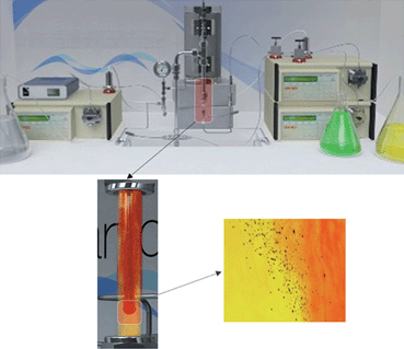 Animated images depicting the continuous hydrothermal rig. The reactor section is highlighted, showing the heated downflow (red) mixing with the ambient upflow (yellow), leading to nanoplate formation.