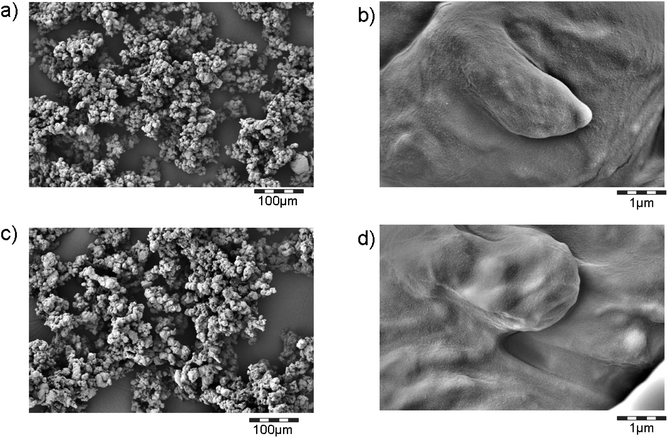 Morphology of fragments from the entire collected powders from machining/sanding. (a) and (b) TPU + CNT; (c) and (d) TPU. Protrusions of CNTs from the fragments are not observed. Compare Fig. SI_3a–e with SEM scans of directly aerosol-sampling filters.