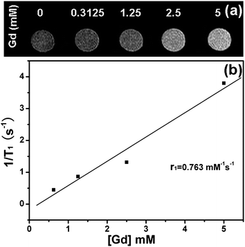 (a) T1-weighted images for various Gd concentrations (0, 0.3125, 1.25, 2, and 5 mM) of PAA@GdVO4:Yb3+/Er3+ composites. Deionized water (0 mM) was used as the reference. (b) T1 relaxivity plot of aqueous suspension of PAA@GdVO4:Yb3+/Er3+ composites.